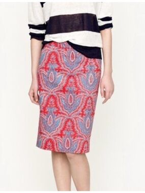 J. Crew Red and Blue Paisley Pencil Skirt